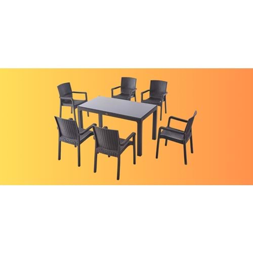 STARS 80*140 RATTAN CAMLI MASA + 6 SANDALYE VİKTOR KAHVE